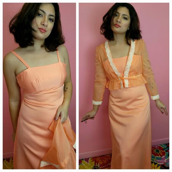 Vintage 1970's Orange 2 Piece Gown with Matching Sheer Organza Lace Bolero - Picture 1 of 10